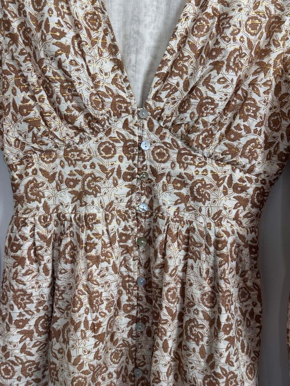 Cleobella Brown Ivory Floral Woven V-Neck Puff Sleeve Maxi Button Dress S - Picture 7 of 10